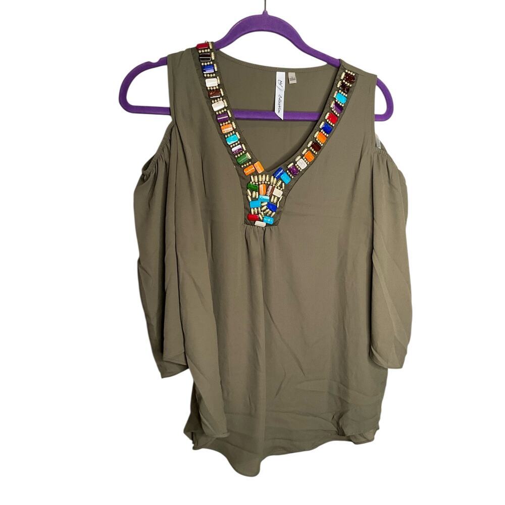 NY Collection Cold Shoulder‎ Top Embellished V-Neck 3/4 Sleeve Olive Size L NWT